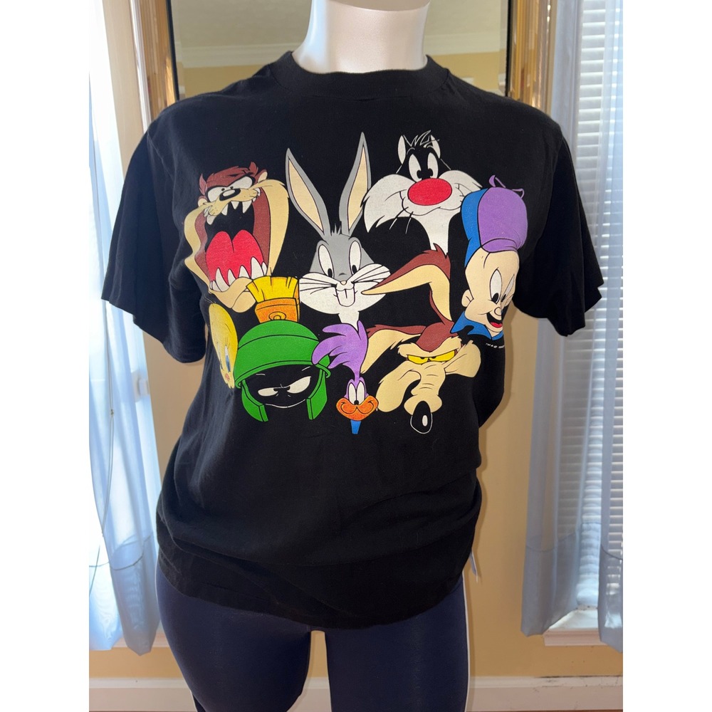 Vintage 1993 Looney Tunes Character Collage T-Shirt Black Large Bugs Bunny 90s
